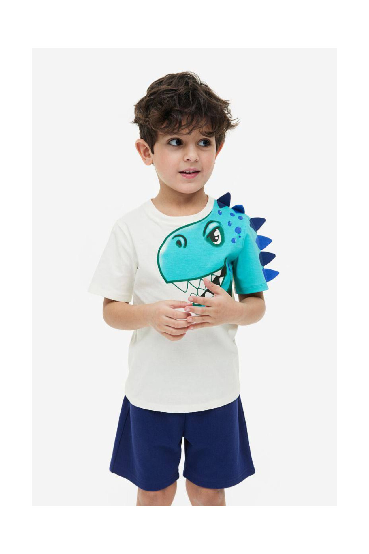 ست تیشرت سفید دایناسور و شلوارک