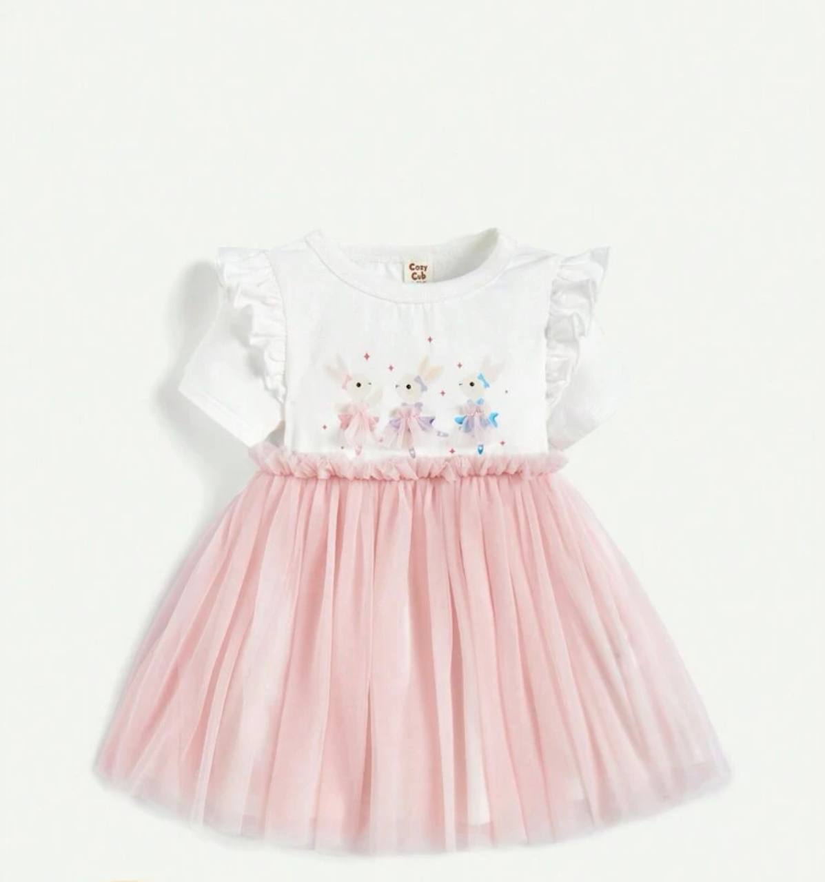 پیراهن آستین کوتاه خرگوشی دامن تور صورتی